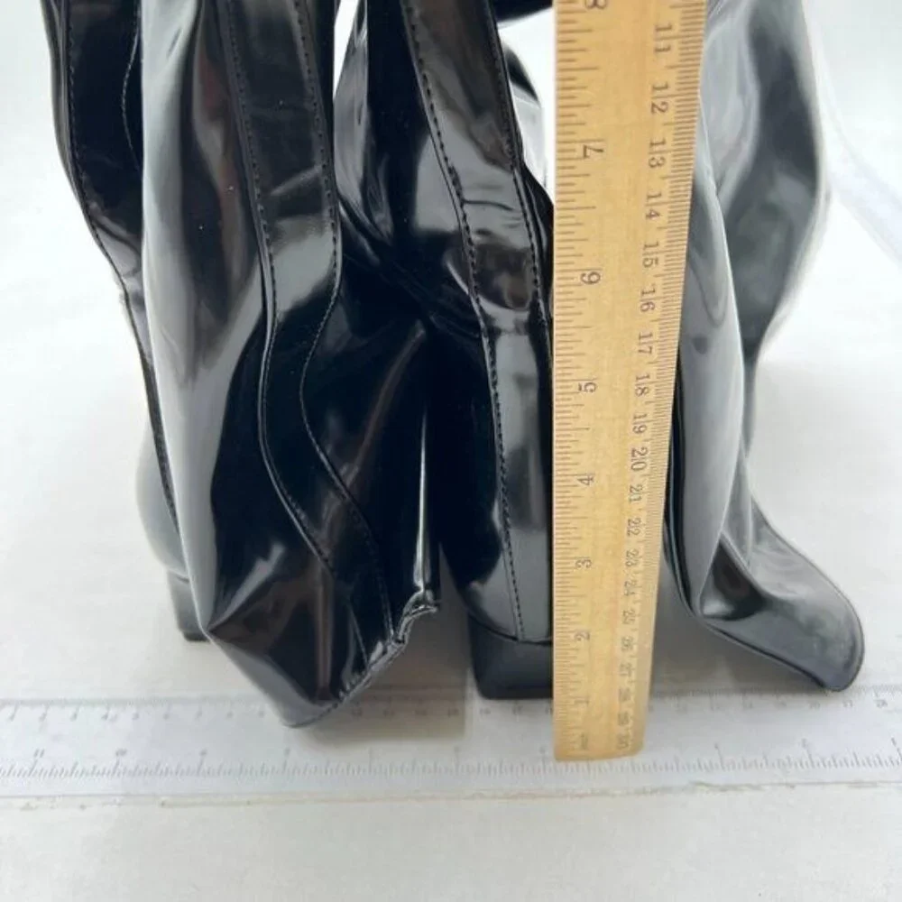 Black Square Toe Knee High Boot Wide Calf Low Chunky Heels Long Boot Party Shoes